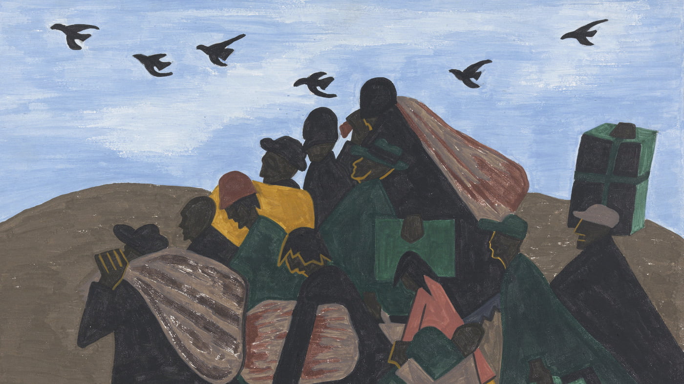 Migration Series by Jacob Lawrence depicting a group of people traveling with bird flying overhead
